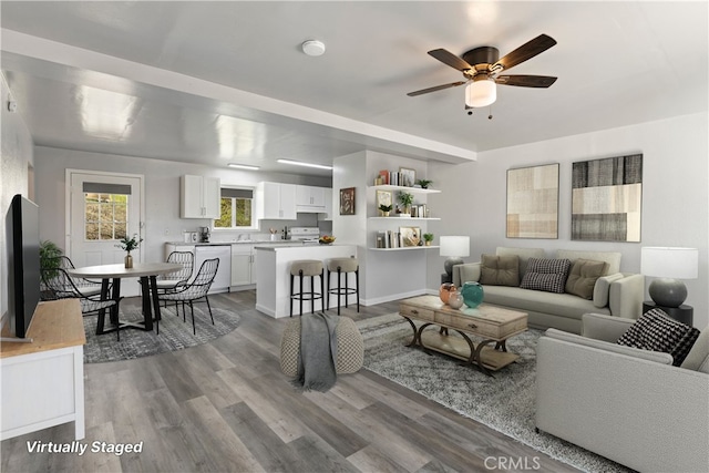 living room featuring ceiling fan and dark hardwood / wood-style flooring