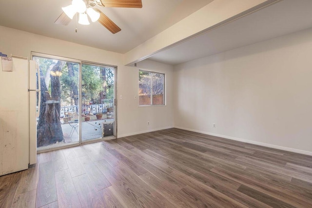 spare room featuring ceiling fan and dark hardwood / wood-style flooring