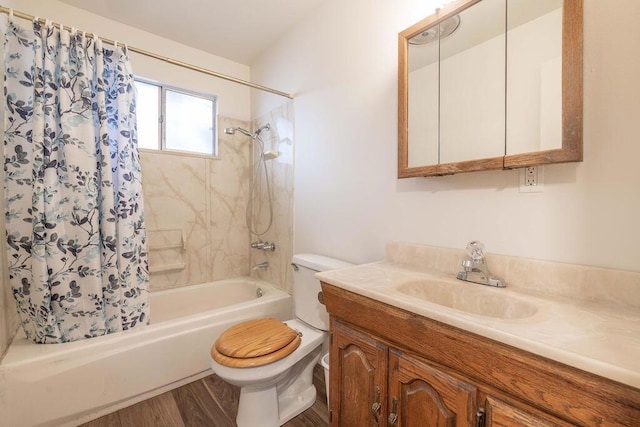 full bathroom with toilet, hardwood / wood-style flooring, vanity, and shower / tub combo with curtain