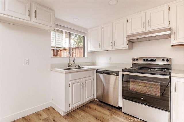 750 Chorro St Unit 5, San Luis Obispo, CA 93401 - kitchen with stainless steel appliances, under cabinet range hood, a sink, light wood-type flooring, and white cabinetry