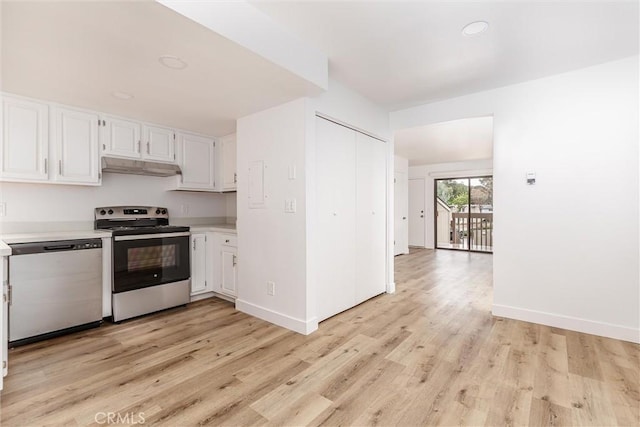 kitchen featuring white cabinets, light hardwood / wood-style floors, and stainless steel appliances