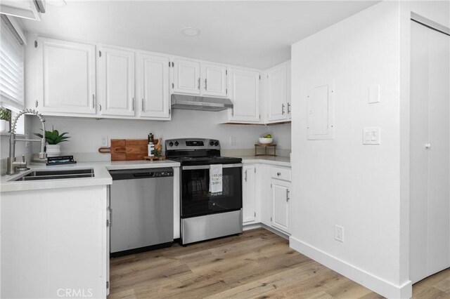 750 Chorro St Unit 5, San Luis Obispo, CA 93401 - kitchen with stainless steel appliances, a sink, under cabinet range hood, white cabinetry, and light countertops