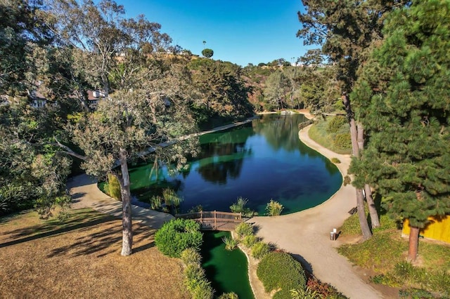 birds eye view of property with a water view