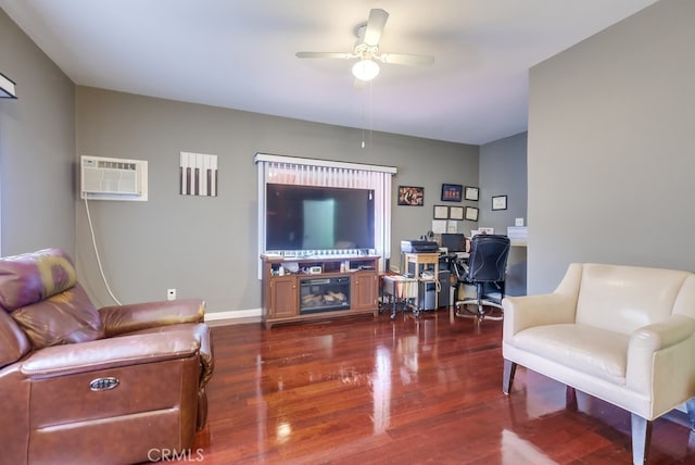 living room featuring ceiling fan, a wall mounted AC, and dark hardwood / wood-style floors