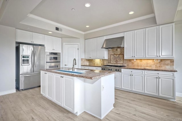 kitchen featuring stainless steel appliances, white cabinetry, a kitchen island with sink, and wall chimney exhaust hood