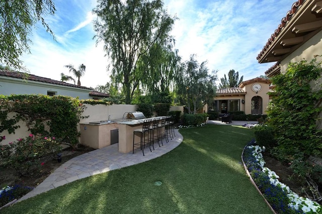 view of yard with exterior bar, a patio, and area for grilling