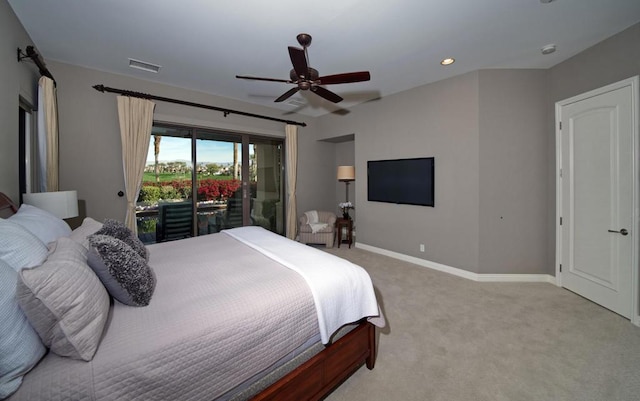 carpeted bedroom featuring ceiling fan and access to exterior