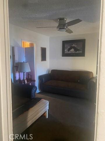 living room with ceiling fan and a textured ceiling