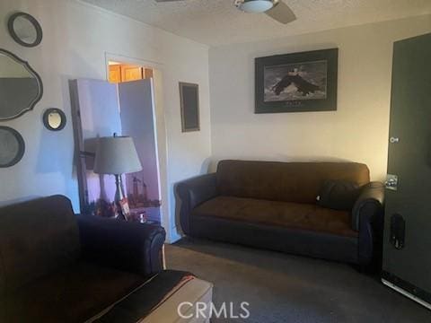 living room featuring ceiling fan and a textured ceiling