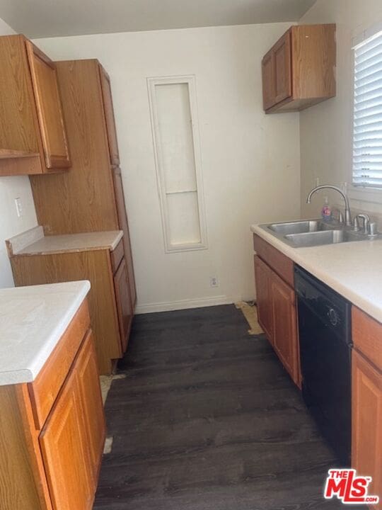 kitchen featuring dishwasher, sink, and dark hardwood / wood-style floors