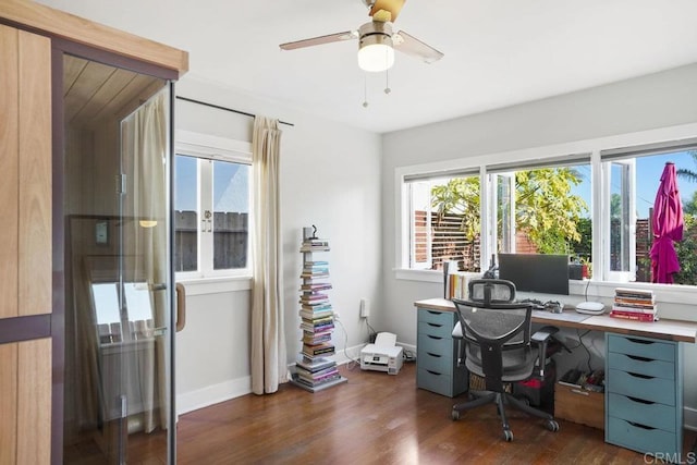 office space featuring ceiling fan and dark hardwood / wood-style flooring