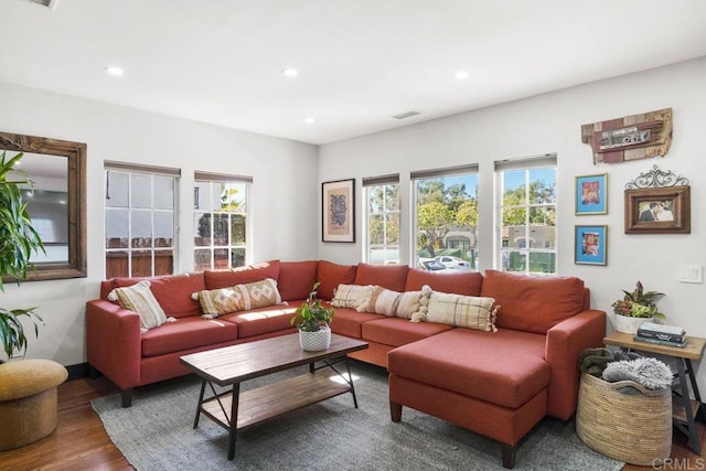 living room featuring dark wood-type flooring