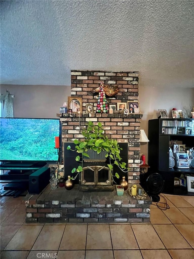 room details with a textured ceiling and a brick fireplace