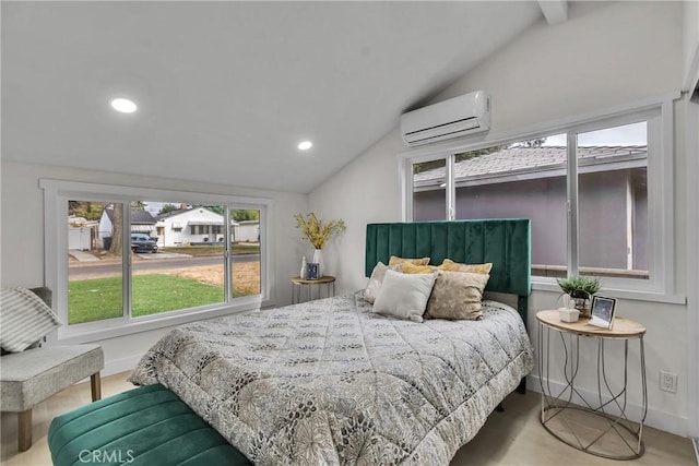 bedroom with an AC wall unit, multiple windows, and lofted ceiling