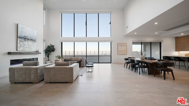 living room with a high ceiling