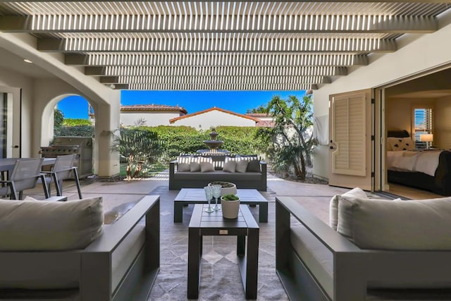 view of patio / terrace featuring an outdoor hangout area, a pergola, and grilling area