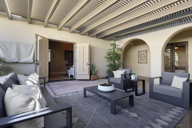 view of patio with an outdoor hangout area and a pergola