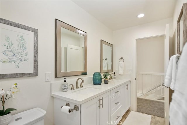 bathroom featuring toilet, hardwood / wood-style flooring, and vanity