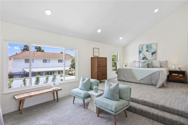 bedroom with carpet and vaulted ceiling