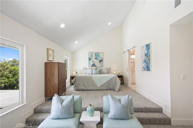 bedroom featuring lofted ceiling and carpet flooring