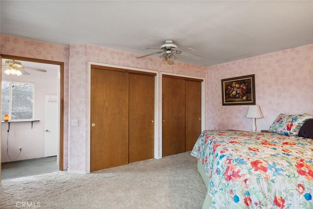 carpeted bedroom with ceiling fan and multiple closets