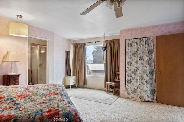 bedroom with ceiling fan and carpet flooring