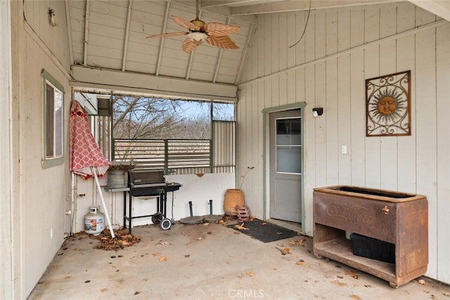 view of patio / terrace with ceiling fan and a grill