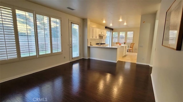 kitchen with plenty of natural light, dark hardwood / wood-style floors, white cabinets, and kitchen peninsula