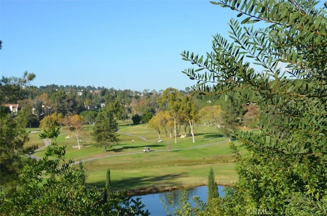 surrounding community with golf course view, a water view, and a lawn