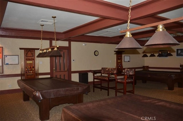 recreation room featuring pool table, carpet floors, visible vents, beam ceiling, and crown molding