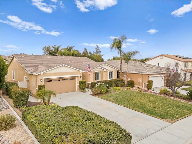 single story home with a front lawn and a garage