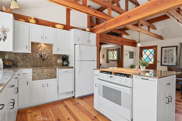 kitchen with white cabinetry, decorative backsplash, decorative light fixtures, and white appliances