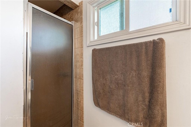 bathroom featuring a shower with door