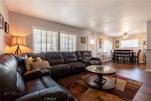 living room featuring ceiling fan and dark hardwood / wood-style flooring