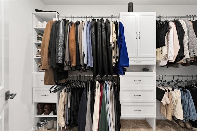 spacious closet featuring dark carpet