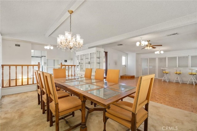 dining room with a textured ceiling, ceiling fan with notable chandelier, beam ceiling, and light parquet floors