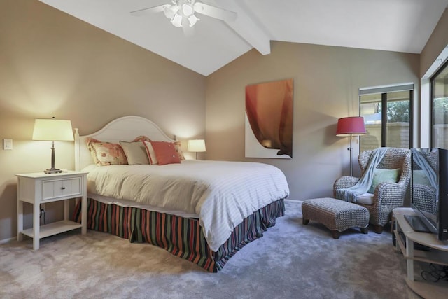 bedroom featuring ceiling fan, vaulted ceiling with beams, and carpet flooring