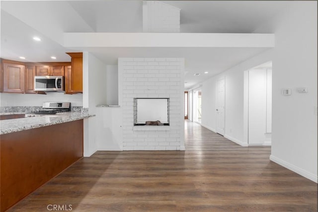 kitchen with dark wood-type flooring, stainless steel appliances, a fireplace, and light stone countertops