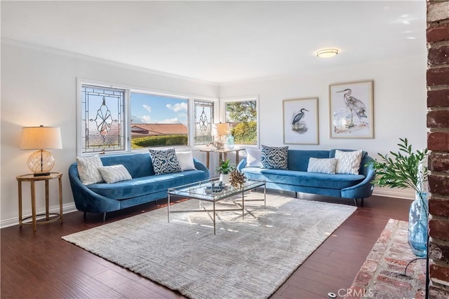 living room featuring dark hardwood / wood-style floors and ornamental molding