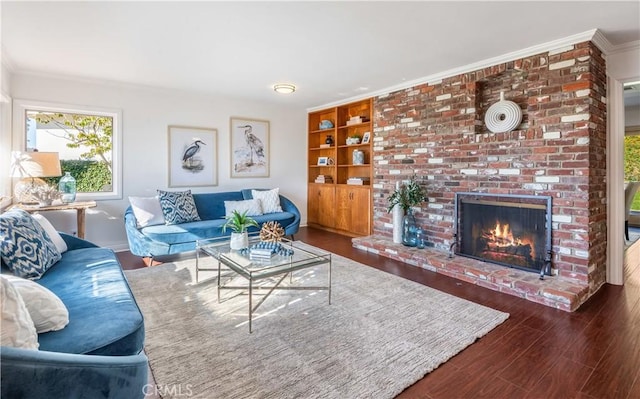 living room featuring dark wood-type flooring, built in features, crown molding, and a fireplace