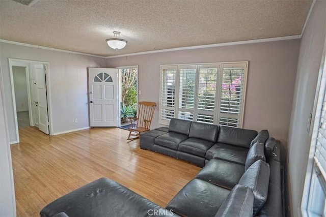 living room with light wood-type flooring, crown molding, and a textured ceiling