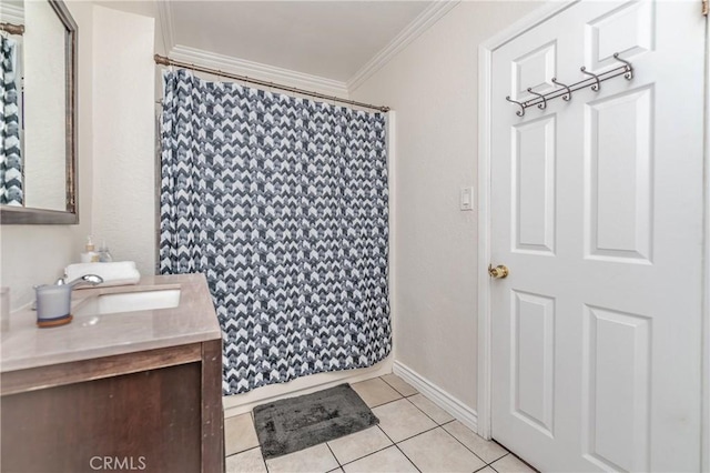 bathroom with a shower with shower curtain, crown molding, tile patterned floors, and vanity