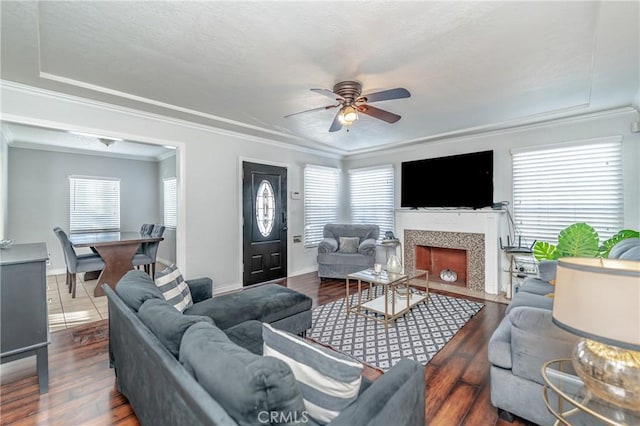 living room with ceiling fan, dark wood-type flooring, ornamental molding, and a fireplace