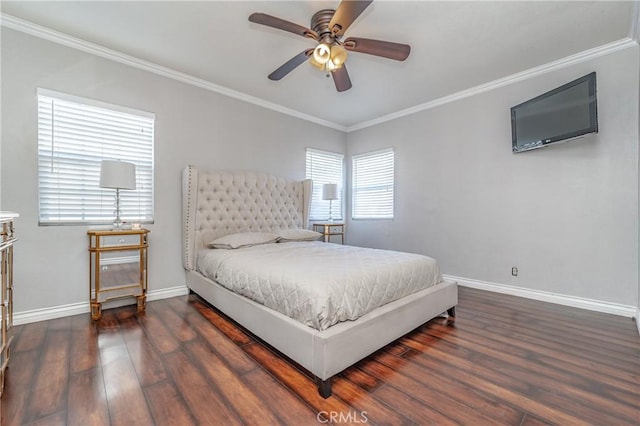 bedroom with ceiling fan, dark hardwood / wood-style flooring, and crown molding