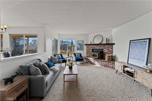 carpeted living room featuring a wood stove and a textured ceiling