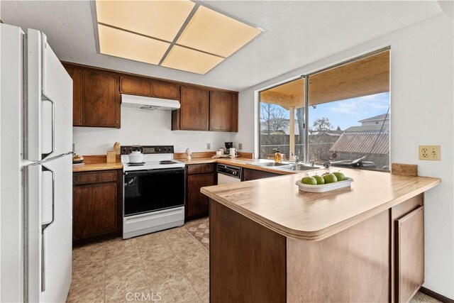 kitchen featuring sink, white appliances, and kitchen peninsula