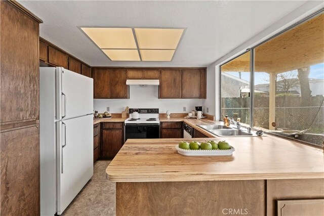 kitchen with sink, electric stove, kitchen peninsula, and white fridge