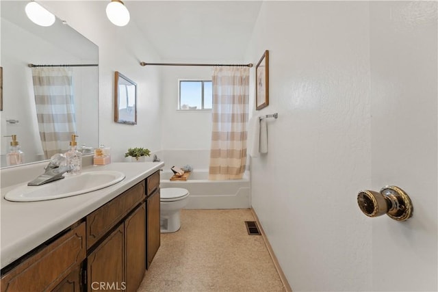 full bathroom with toilet, vanity, and shower / bath combination with curtain