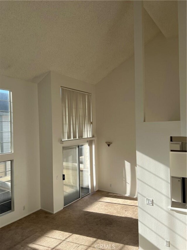 carpeted empty room featuring plenty of natural light, high vaulted ceiling, and a textured ceiling