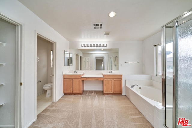 full bathroom with toilet, vanity, and plus walk in shower